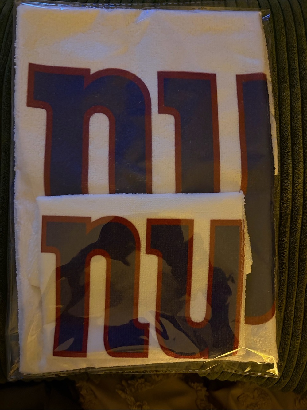 White Towel with Large Navy and Red Lettering, NEW!